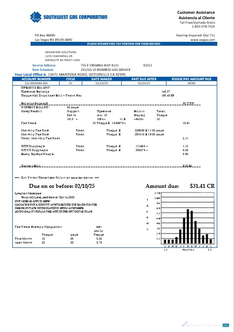 Professionelle USA Nevada Southwest Gas Konzern Geschäftlich Nebenkostenabrechnung Vorlage in Word und PDF Formats
