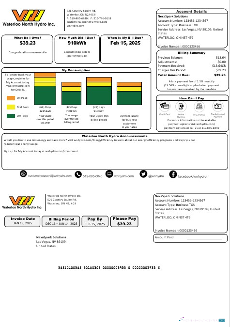 Realistische USA Nevada Waterloo Nord Hydro Geschäftlich Nebenkostenabrechnung Vorlage in Word und PDF Formats