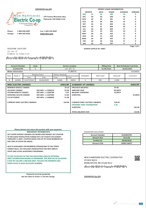 Premium USA Neu Hampshire Electric Co Op Strom Geschäftlich Nebenkostenabrechnung Vorlage in Word und PDF Formats
