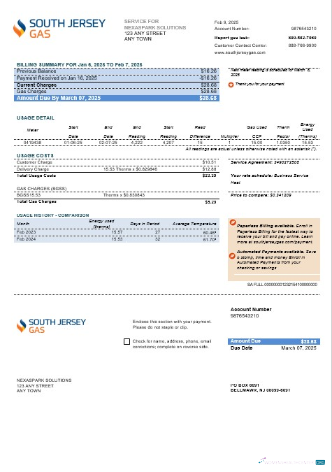 Editierbare USA Neu Jersey Süd Jersey Gas Geschäftlich Nebenkostenabrechnung Vorlage in Word und PDF Formats