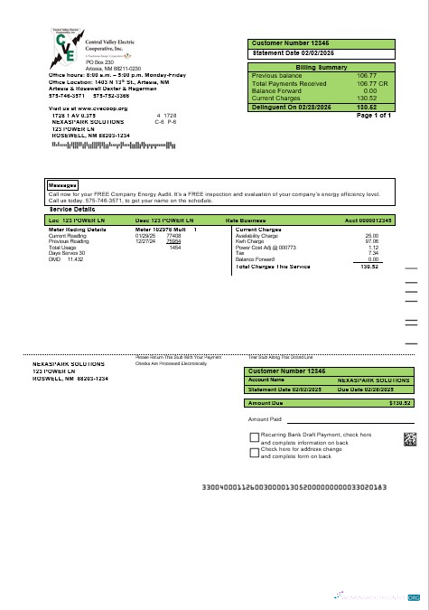 Realistische USA Neu Mexiko Strom Nachweis von Adresse Geschäftlich Nebenkostenabrechnung Vorlage in Word und PDF Formats