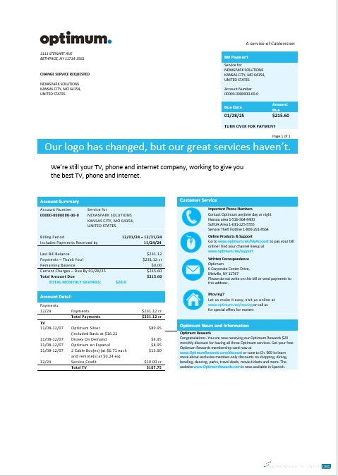 Premium USA Neu York Optimum Cablevision Geschäftlich Nebenkostenabrechnung Vorlage in Word und PDF Formats