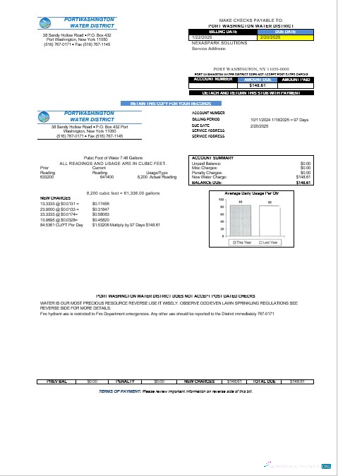 Editierbare USA Neu York Port Washington Wasser Bezirk Geschäftlich Nebenkostenabrechnung Vorlage in Word und PDF Formats