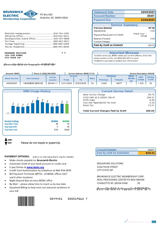 Hochwertige USA Nord Carolina Brunswick Electric Geschäftlich Nebenkostenabrechnung Vorlage in Word und PDF Formats