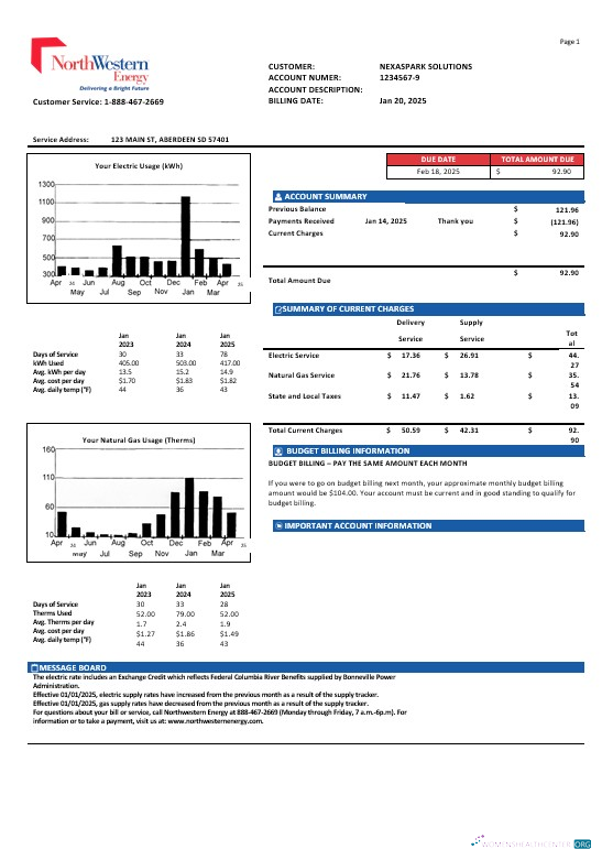 Hochwertige USA NorthWestern Energy Geschäftlich Nebenkostenabrechnung Vorlage in Word und PDF Formats, Version 1