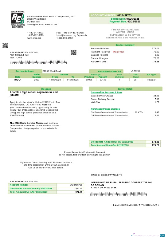 Realistische USA Ohio Lorain Medina Rural Electric Geschäftlich Nebenkostenabrechnung Vorlage in Word und PDF Formats