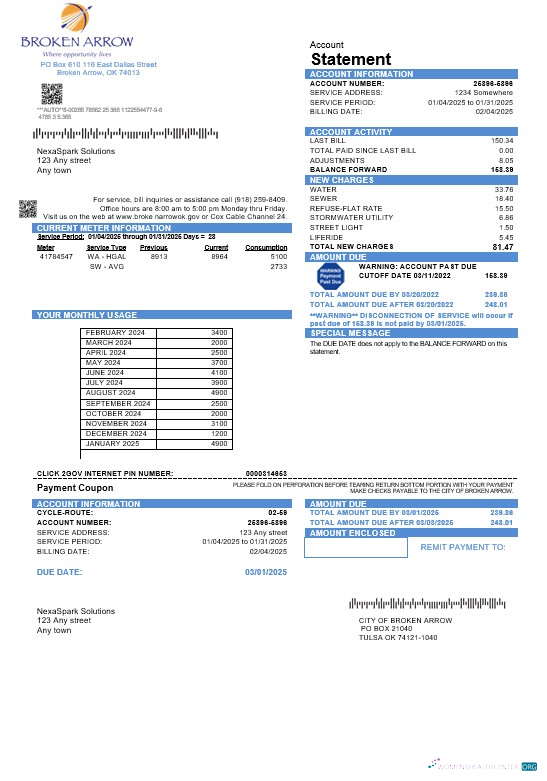 Professionelle USA Oklahoma Stadt von Broken Arrow Geschäftlich Nebenkostenabrechnung Vorlage in Word und PDF Formats