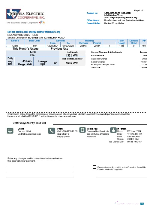 Realistische USA Texas Medina Electric Geschäftlich Nebenkostenabrechnung Vorlage in Word und PDF Formats