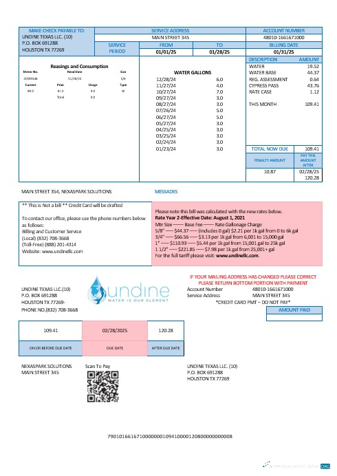 USA Texas Undine Wasser Is Our Element Wasser Geschäftlich Nebenkostenabrechnung Word und PDF Formats vorlage