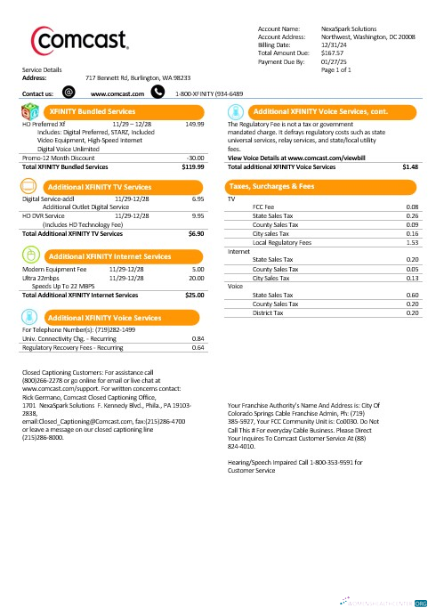 Professionelle USA Utah Comcast Geschäftlich Nebenkostenabrechnung Vorlage in Word und PDF Formats, Version 1