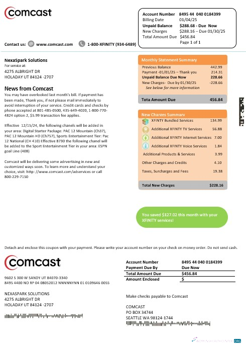 Premium USA Utah Comcast Geschäftlich Nebenkostenabrechnung Vorlage in Word und PDF Formats, Version 2