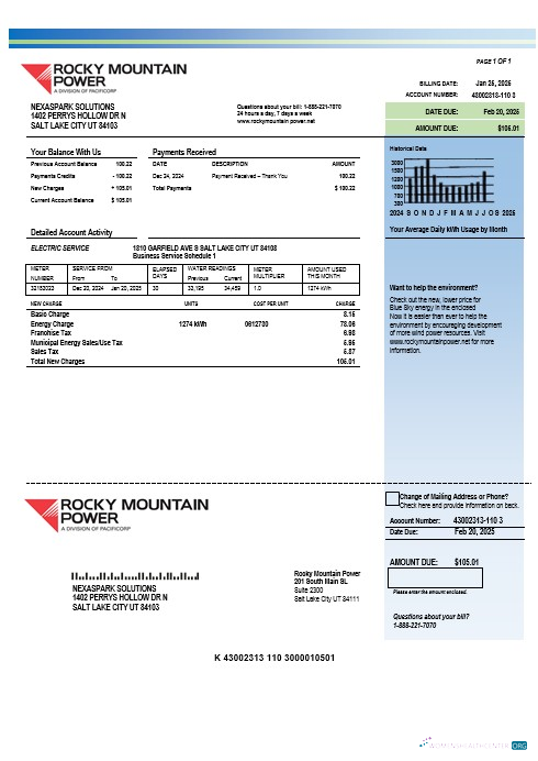 Editierbare USA Utah Rocky Mountain Power Strom Geschäftlich Nebenkostenabrechnung Vorlage in Word und PDF Formats