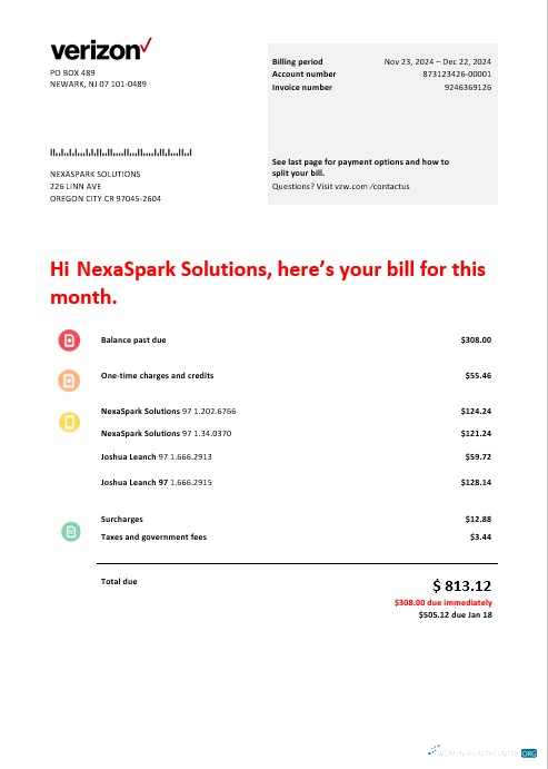 Premium USA Verizon Telecommunications Geschäftlich Nebenkostenabrechnung Vorlage in Word und PDF Formats