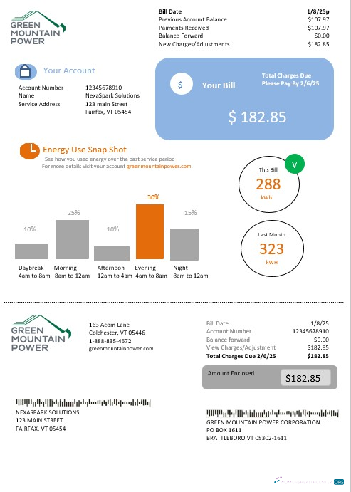 USA Vermont Grün Mountain Power Strom Geschäftlich Nebenkostenabrechnung in Word und PDF Formats design