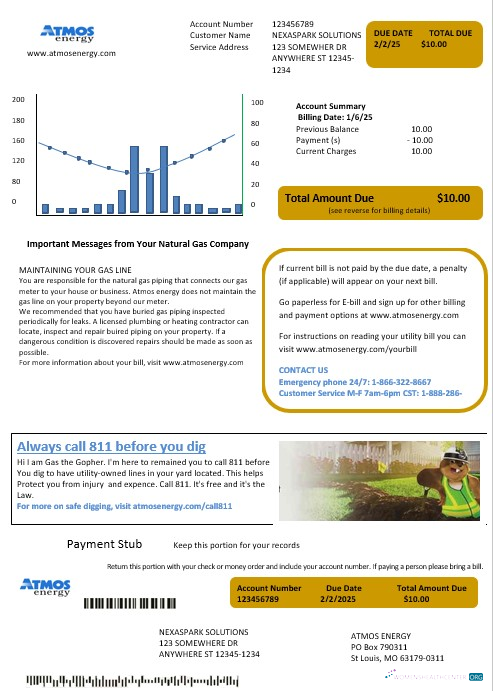 Hochwertige USA Virginia Atmos Energy Geschäftlich Nebenkostenabrechnung Vorlage in Word und PDF Formats
