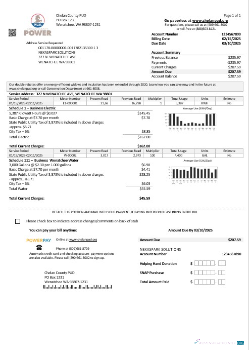 Editierbare USA Washington Chelan County PUD Geschäftlich Nebenkostenabrechnung Vorlage in Word und PDF Formats
