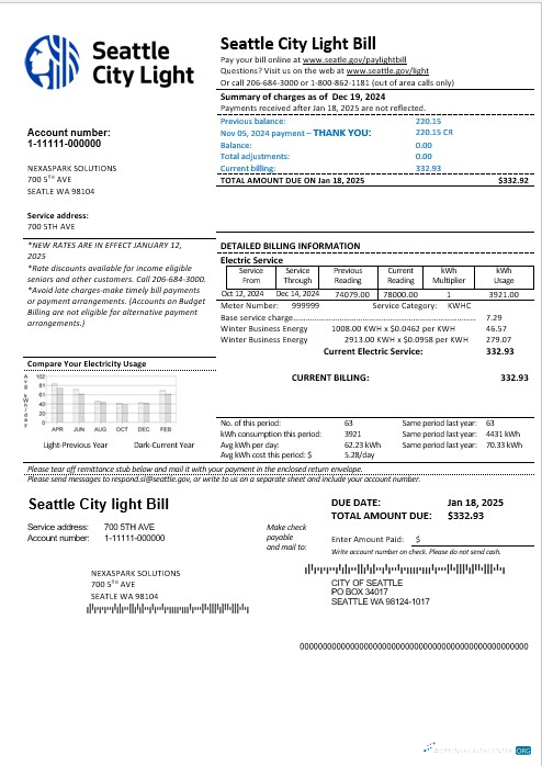 Realistische USA Washington Seattle Stadt Light Geschäftlich Nebenkostenabrechnung Vorlage in Word und PDF Formats
