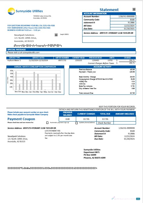 Realistische USA Washington Sunnyside Utilities Wasser Geschäftlich Nebenkostenabrechnung Vorlage in Word und PDF Formats