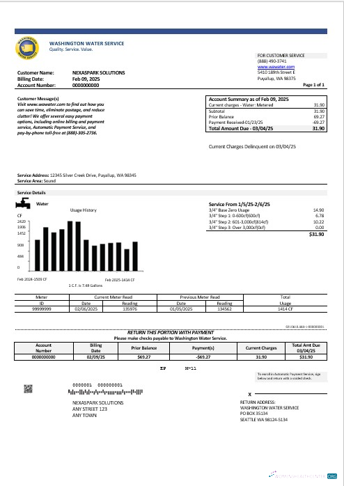 Professionelle USA Washington Wasser Service Geschäftlich Nebenkostenabrechnung Vorlage in Word und PDF Formats