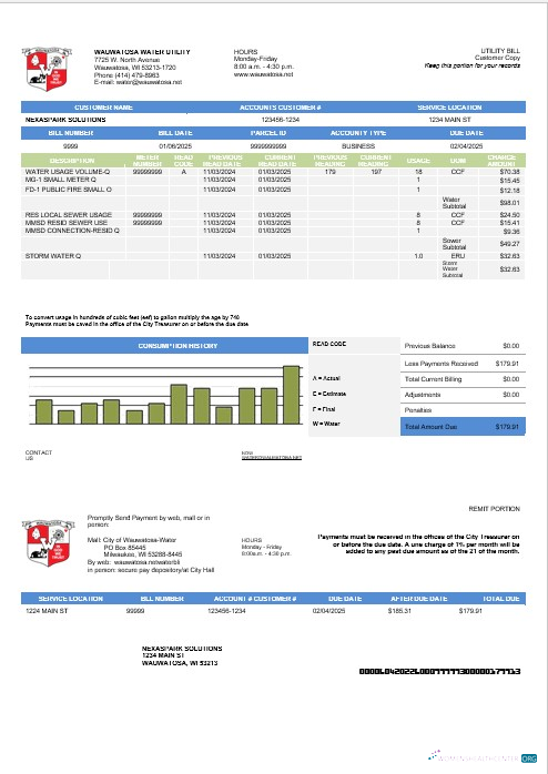 Hochwertige USA Wawatosa Wasser Utility Geschäftlich Nebenkostenabrechnung Vorlage in Word und PDF Formats