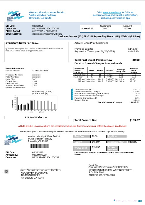 Realistische USA Western Kommunal Wasser Bezirk Geschäftlich Nebenkostenabrechnung Vorlage in Word und PDF Formats