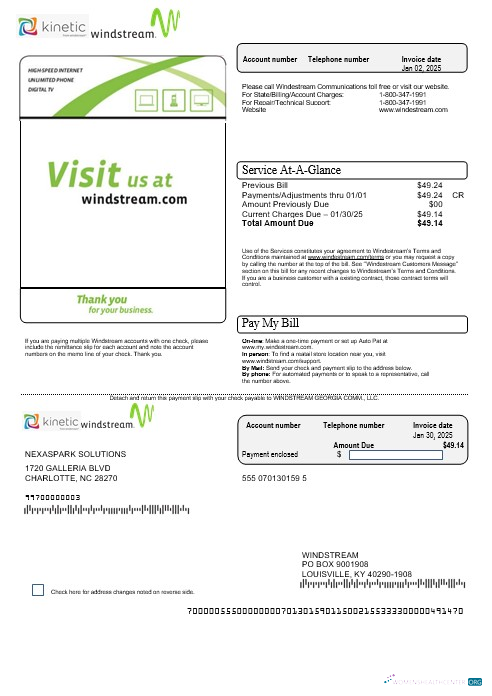 Hochwertige USA Windstream Holdings, Inc. Geschäftlich Nebenkostenabrechnung Vorlage in Word und PDF Formats