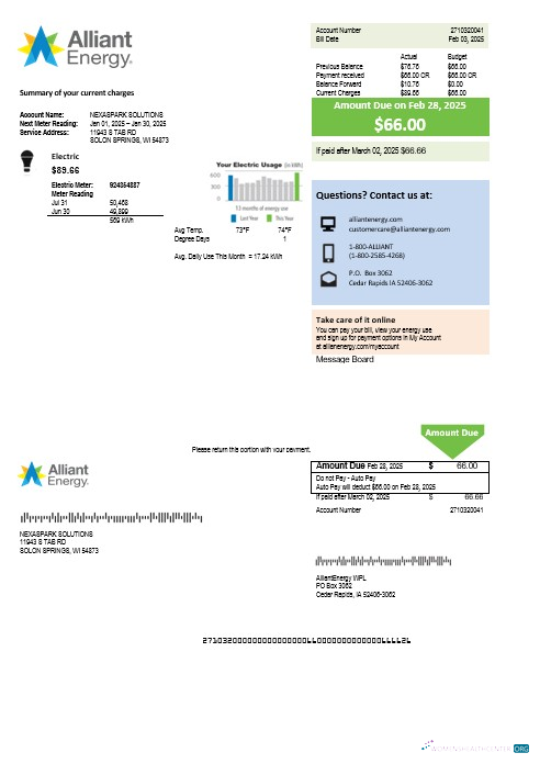 Realistische USA Wisconsin Alliant Energy Strom Geschäftlich Nebenkostenabrechnung Vorlage in Word und PDF Formats