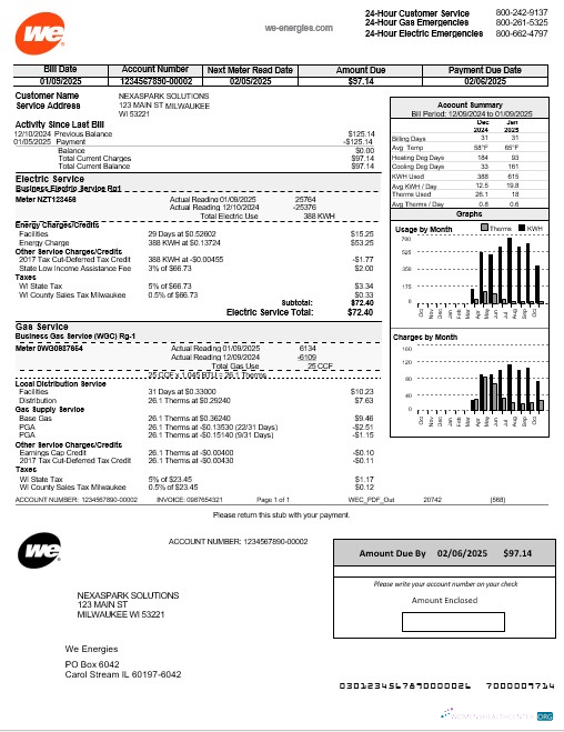 Professionelle USA Wisconsin We Energies Strom Geschäftlich Nebenkostenabrechnung Vorlage in Word und PDF Formats