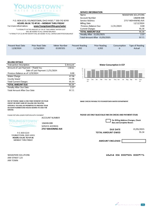Premium USA Youngstown Wasser Abteilung Geschäftlich Nebenkostenabrechnung Vorlage in Word und PDF Formats