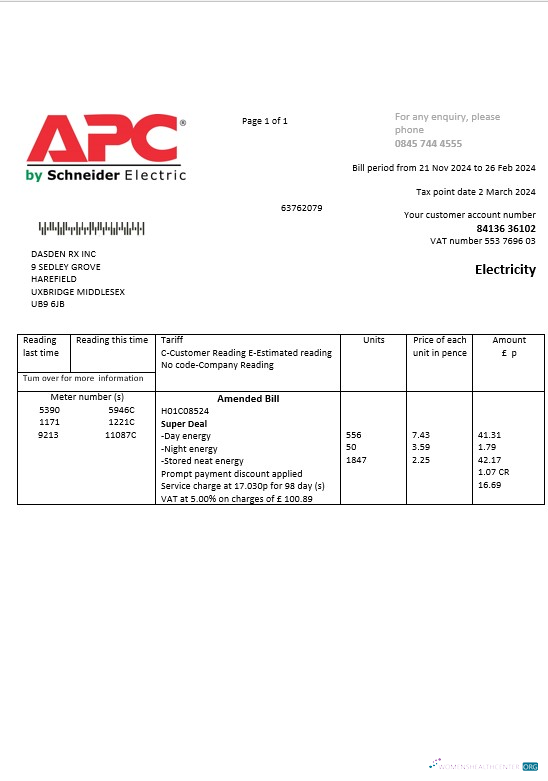 Realistische Vereinigtes Königreich APC Strom Geschäftlich Nebenkostenabrechnung Vorlage in Word und PDF Formats