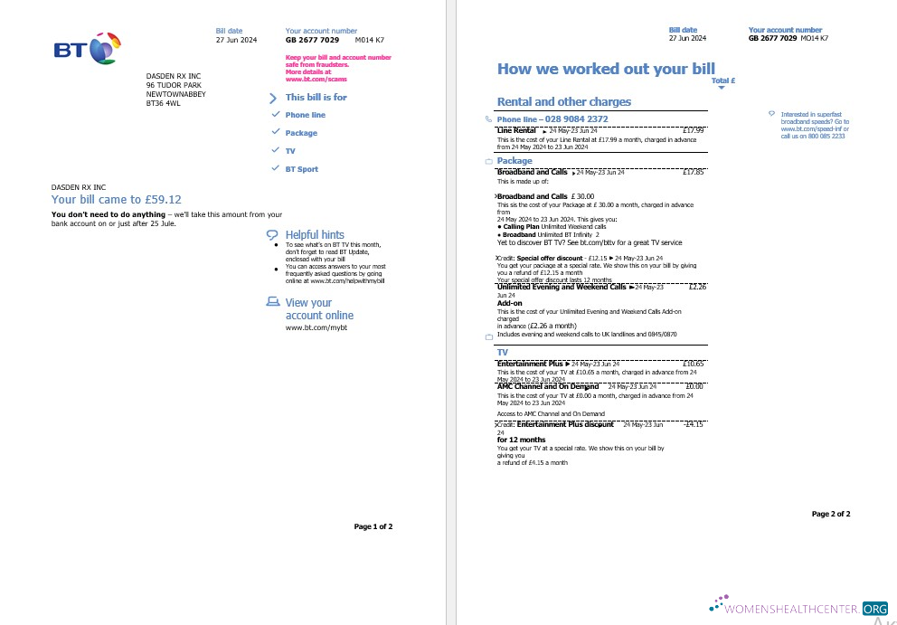 Premium Vereinigtes Königreich BT Geschäftlich Nebenkostenabrechnung Vorlage in Word und PDF Formats, 2 Seiten