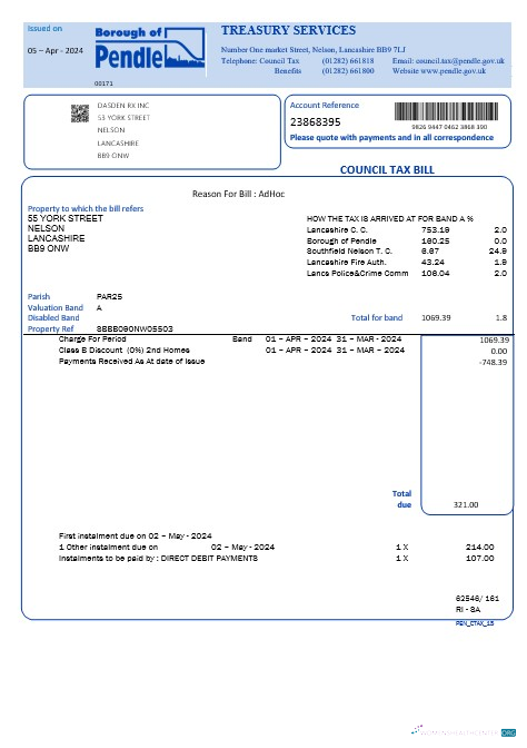 Realistische Vereinigtes Königreich Borough von Pendle Council Tax Geschäftlich Nebenkostenabrechnung Vorlage in Word und PDF Formats
