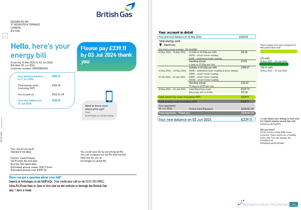 Realistische Vereinigtes Königreich British Gas Geschäftlich Nebenkostenabrechnung, Word und PDF Vorlage, 2 Seiten