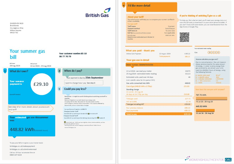 Professionelle Vereinigtes Königreich British Gas Geschäftlich Nebenkostenabrechnung, Word und PDF Vorlage, 4 Seiten 1 2