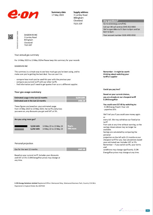 Realistische Vereinigtes Königreich E.ON Geschäftlich Nebenkostenabrechnung Vorlage in Word und PDF Formats, Version 2
