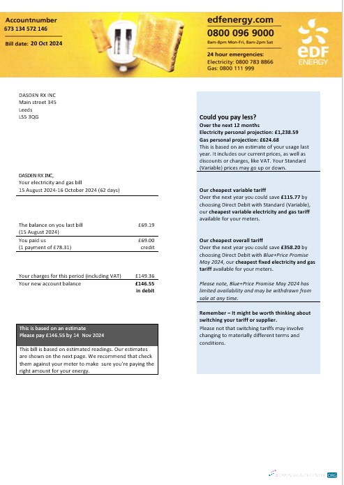 Vereinigtes Königreich EDF Energy Strom und Gas Geschäftlich Nebenkostenabrechnung Word und PDF Formats, Version 2 modell
