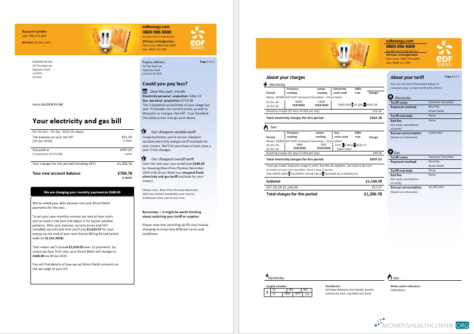 Hochwertige Vereinigtes Königreich EDF Geschäftlich Nebenkostenabrechnung Vorlage in Word und PDF Formats, 3 Seiten