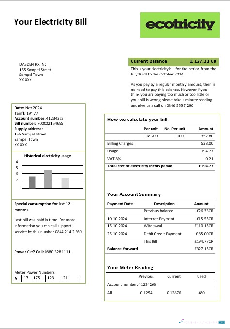 Editierbare Vereinigtes Königreich Ecotricity Strom Geschäftlich Nebenkostenabrechnung Vorlage in Word und PDF Formats