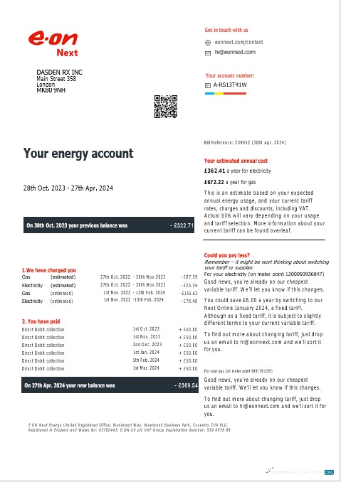 Vereinigtes Königreich Eon Gas und Strom Geschäftlich Nebenkostenabrechnung in Word und PDF Formats, Version 7 muster