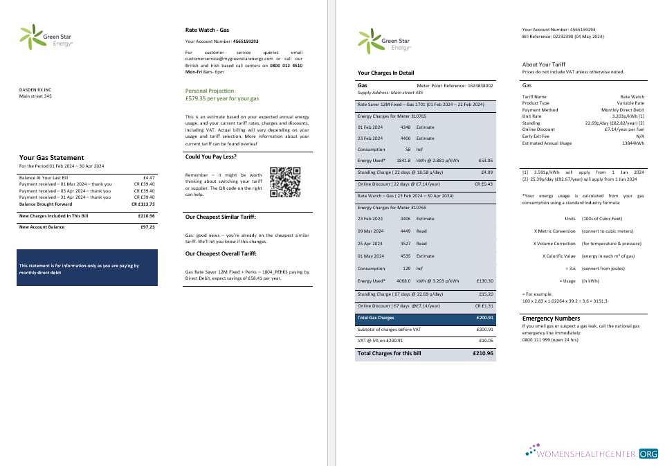Vereinigtes Königreich Grün Star Energy Energy Geschäftlich Nebenkostenabrechnung Word und PDF Formats, 3 Seiten modell
