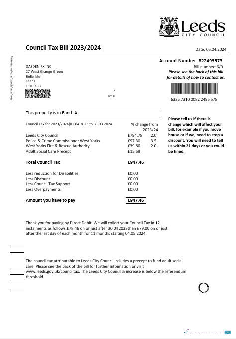 Editierbare Vereinigtes Königreich Leeds Stadt Council Tax Geschäftlich Nebenkostenabrechnung Vorlage in Word und PDF Formats
