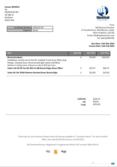 Premium Vereinigtes Königreich MJ Electrical Nachweis von Adresse Geschäftlich Nebenkostenabrechnung Vorlage in Word und PDF Formats
