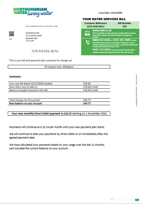 Professionelle Vereinigtes Königreich Northumbrian Wasser Geschäftlich Nebenkostenabrechnung Vorlage in Word und PDF Formats, Version 1