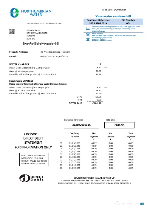 Premium Vereinigtes Königreich Northumbrian Wasser Geschäftlich Nebenkostenabrechnung Vorlage in Word und PDF Formats, Version 2
