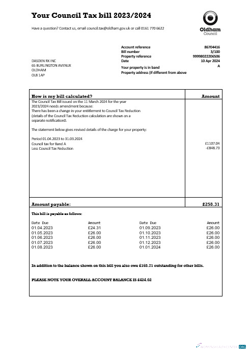 Editierbare Vereinigtes Königreich Oldham Council Tax Geschäftlich Nebenkostenabrechnung Vorlage in Word und PDF Formats