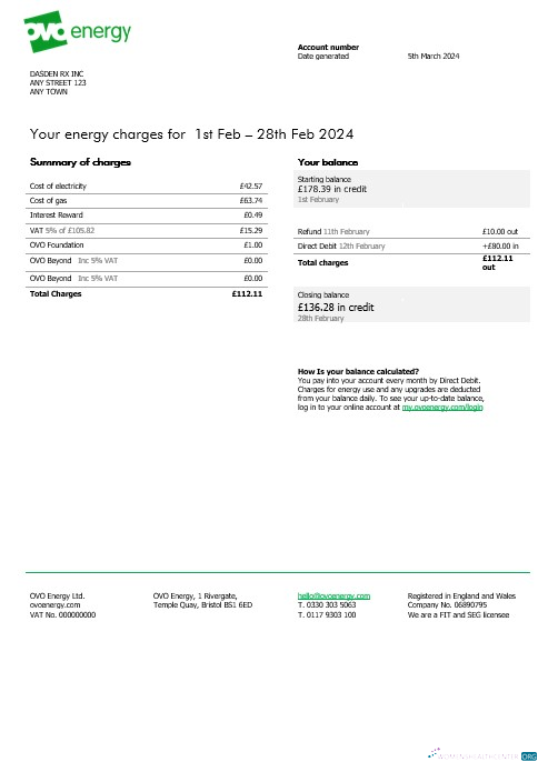 Editierbare Vereinigtes Königreich Ovo Energy Strom Geschäftlich Nebenkostenabrechnung, Word und PDF Vorlage