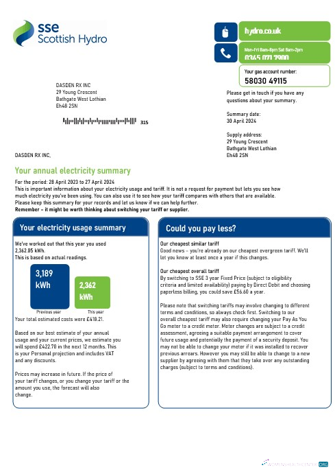 Editierbare Vereinigtes Königreich SSE Energy Geschäftlich Nebenkostenabrechnung Vorlage in Word und PDF Formats, Version 2
