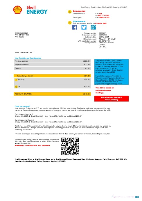 Realistische Vereinigtes Königreich Shell Energy Geschäftlich Nebenkostenabrechnung Vorlage Word und PDF Vorlage