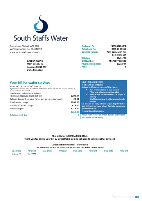 Vereinigtes Königreich Süd Staffs Wasser Wasser Geschäftlich Nebenkostenabrechnung Word und PDF Formats, Version 2 muster
