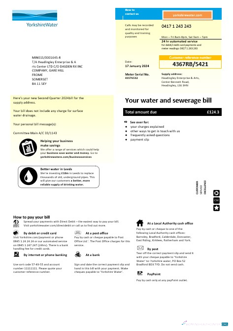 Premium Vereinigtes Königreich Yorkshire Wasser Geschäftlich Nebenkostenabrechnung Vorlage in Word und PDF Formats